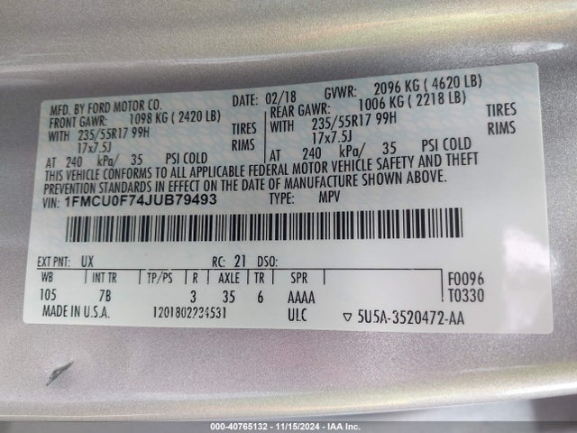 Ford ESCAPE S 2018 1FMCU0F74JUB79493 Image 9
