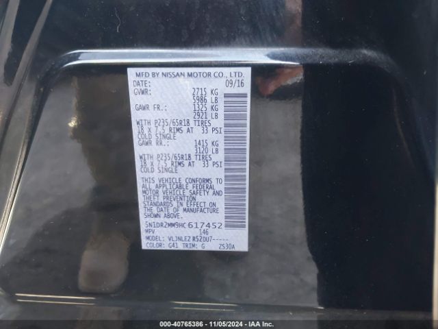 5N1DR2MM9HC617452 Nissan Pathfinder Platinum/s/sl/sv