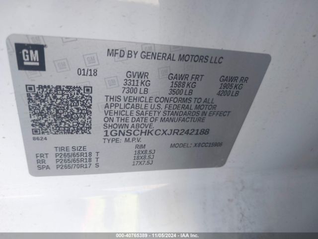 1GNSCHKCXJR242188 Chevrolet Suburban Lt