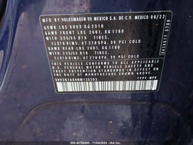 3VV2B7AX9NM135393 Volkswagen Tiguan 2.0t Se