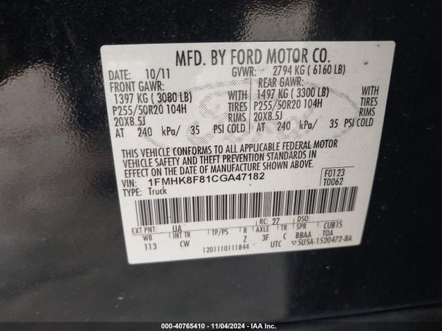 40765410 :رقم المزاد ، 1FMHK8F81CGA47182 vin ، 2012 Ford Explorer Limited مزاد بيع