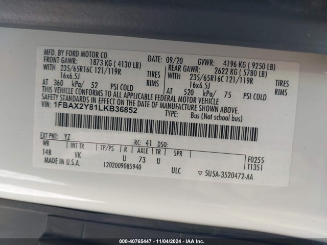 Ford Transit-350 Passenger Van Xl 2020 1FBAX2Y81LKB36852 Image 9