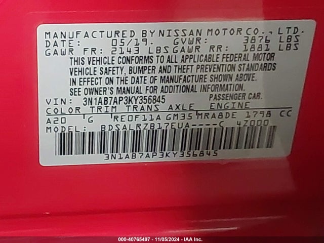 Nissan SENTRA SR 2019 3N1AB7AP3KY356845 Image 9