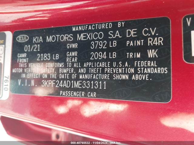 3KPF24AD1ME331311 KIA mpi nu
