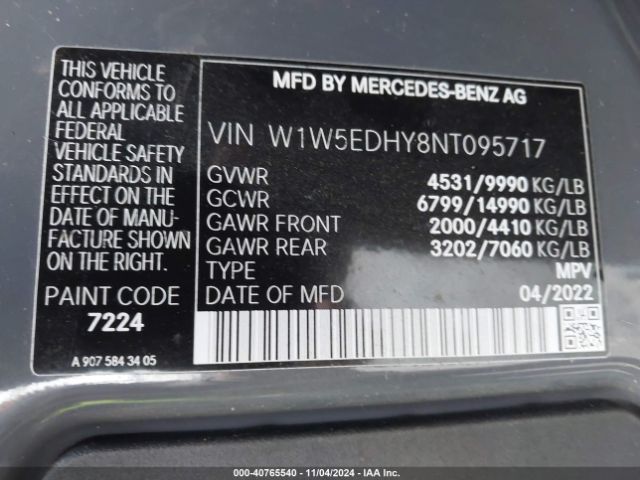 W1W5EDHY8NT095717 Mercedes-Benz Sprinter 3500 High Roof V6
