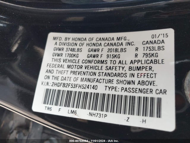 Honda Civic Lx 2015 2HGFB2F53FH524140 Image 9