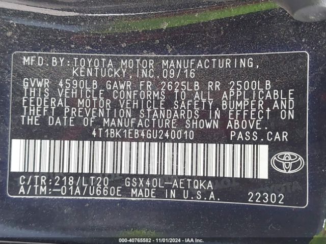 4T1BK1EB4GU240010 Toyota Avalon Touring