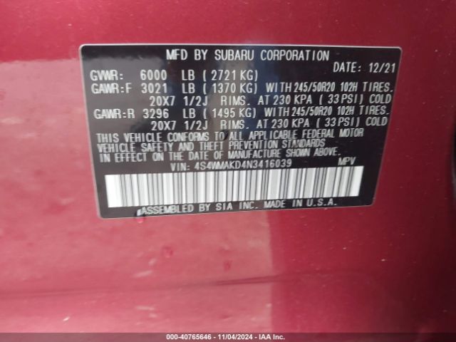 4S4WMAKD4N3416039 Subaru Ascent Limited