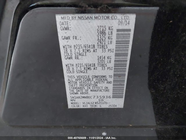 Nissan Pathfinder Sl 2014 5N1AR2MN8EC735936 Image 9
