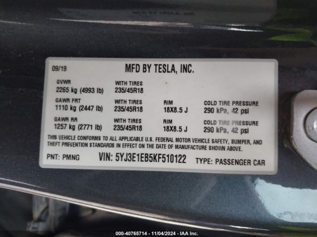 5YJ3E1EB5KF510122 Tesla Model 3 Long Range/performance