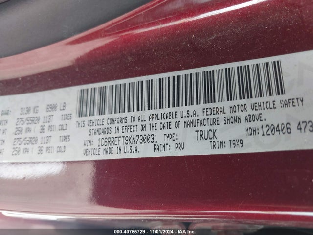 1C6RREFT9KN730031 RAM 1500 Big Horn/lone Star  4x2 5'7 Box