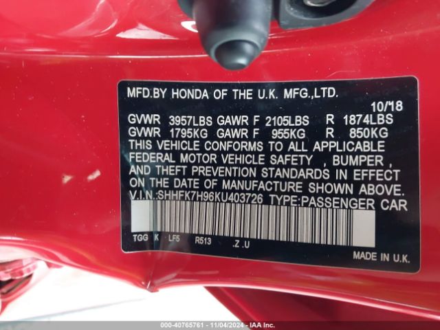 SHHFK7H96KU403726 Honda Civic Sport Touring