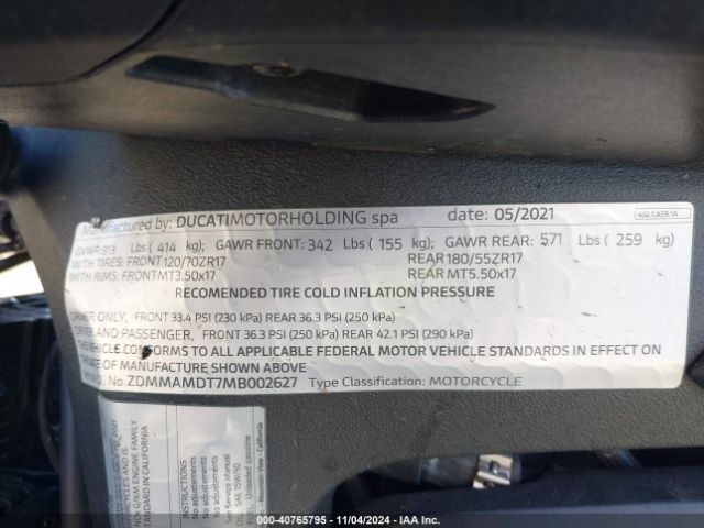2021 DUCATI MONSTER ZDMMAMDT7MB002627 Photo 9