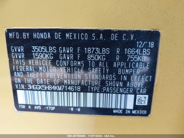 3HGGK5H84KM714618 Honda FIT EX