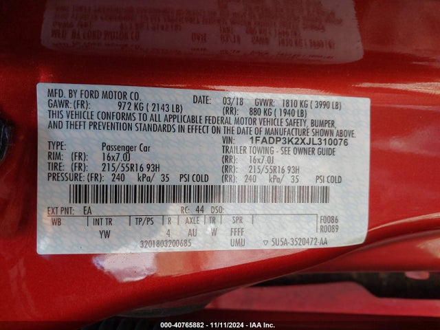 Ford FOCUS SE 2018 1FADP3K2XJL310076 Image 9