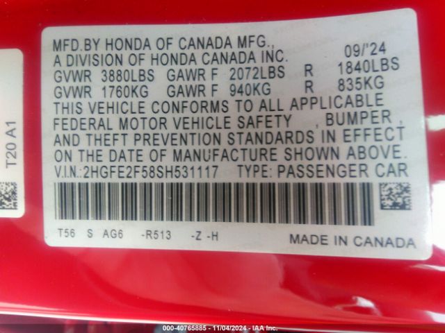 2HGFE2F58SH531117 Honda Civic Sport