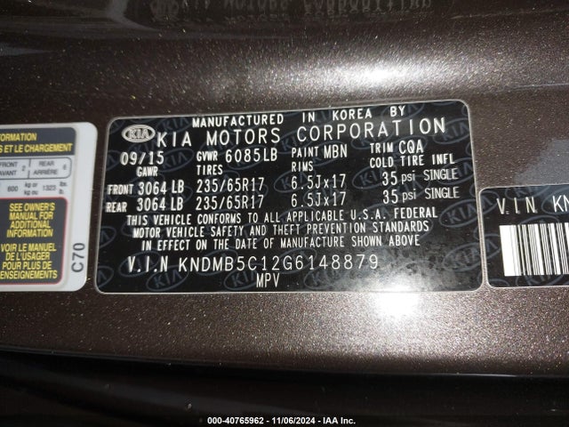 KIA SEDONA LX 2016 KNDMB5C12G6148879 Image 9