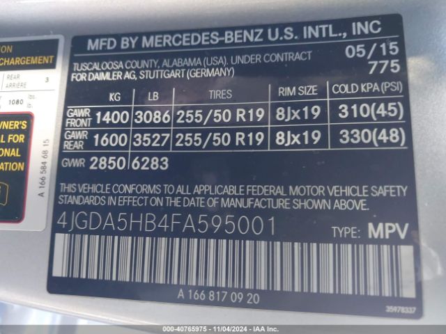 4JGDA5HB4FA595001 Mercedes-Benz Ml 350 4matic