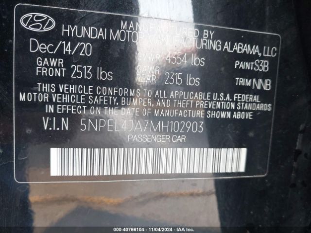 5NPEL4JA7MH102903 Hyundai SONATA SEL