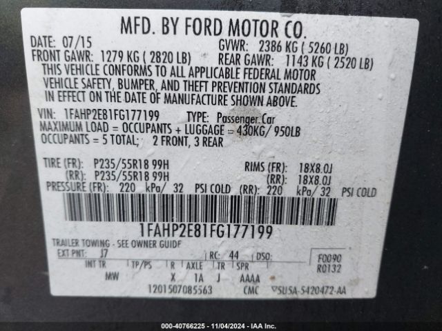 1FAHP2E81FG177199 Ford TAURUS SEL