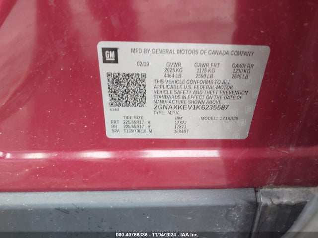 Chevrolet EQUINOX LT 2019 2GNAXKEV1K6235587 Image 9