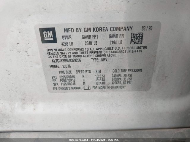KL7CJKSB9LB329256 Chevrolet Trax Fwd Ls