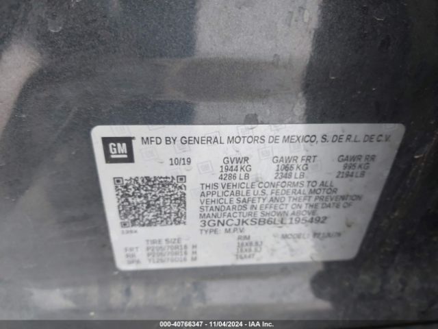 3GNCJKSB6LL195492 Chevrolet Trax Fwd Ls