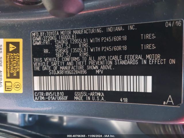 5TDJKRFH9GS284896 Toyota Highlander Xle V6
