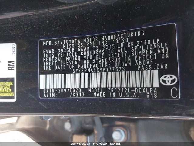 Toyota COROLLA LE 2021 5YFEPMAEXMP177623 Image 9