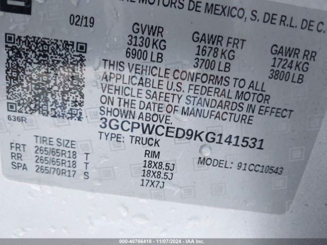 3GCPWCED9KG141531 Chevrolet Silverado 1500 Lt