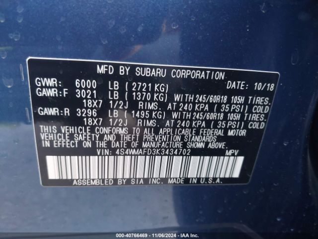 4S4WMAFD3K3434702 Subaru Ascent Premium