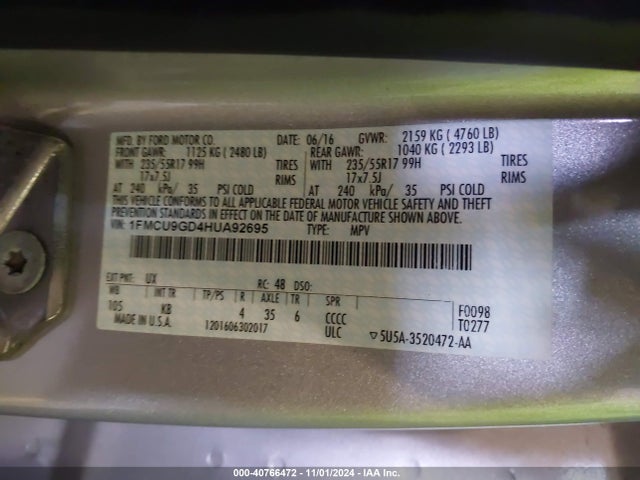 Ford ESCAPE SE 2017 1FMCU9GD4HUA92695 Image 9