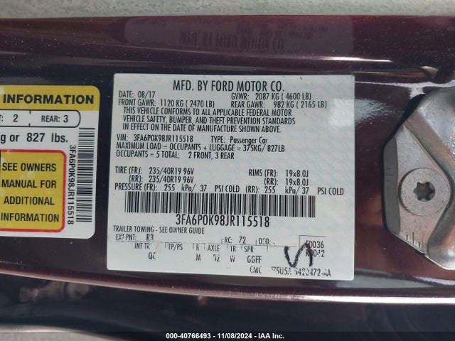 Ford Fusion Platinum 2018 3FA6P0K98JR115518 Image 9