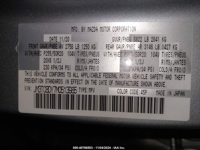 JM3TCBDY7M0513985 Mazda Cx-9 Grand Touring