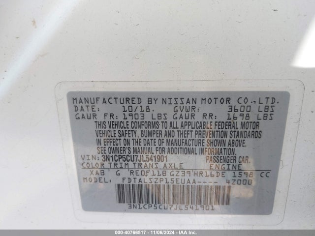 3N1CP5CU7JL541901 Nissan KICKS SV