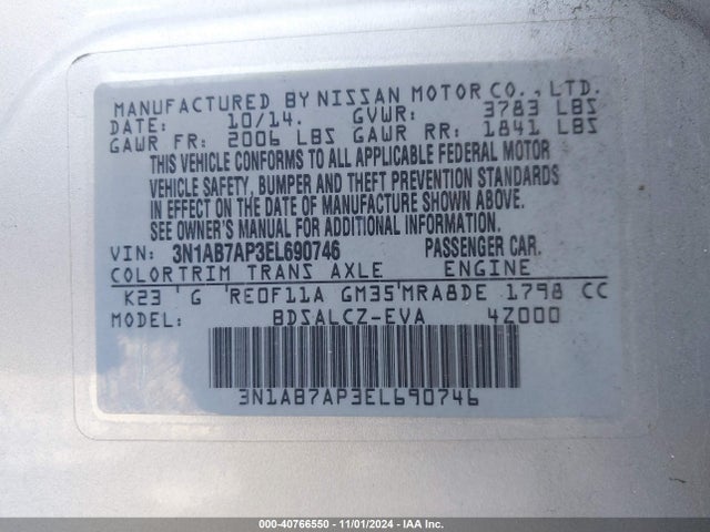 Nissan SENTRA S 2014 3N1AB7AP3EL690746 Image 9
