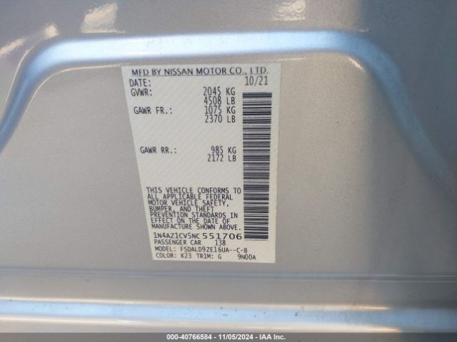 1N4AZ1CV5NC551706 Nissan Leaf Sv 40 Kwh