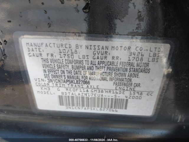 3N1CN7AP5KL827066 Nissan Versa 1.6 S+