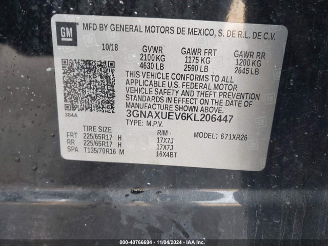 Chevrolet EQUINOX LT 2019 3GNAXUEV6KL206447 Image 9