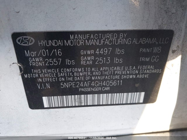 Hyundai Sonata 2016 5NPE24AF4GH405611 Image 9