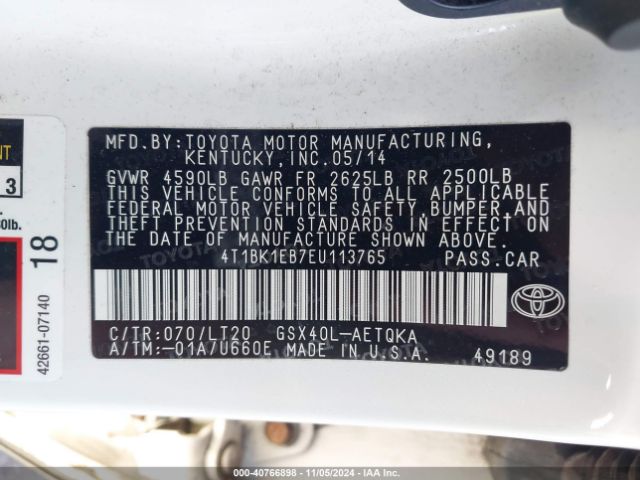 4T1BK1EB7EU113765 Toyota Avalon Xle Touring