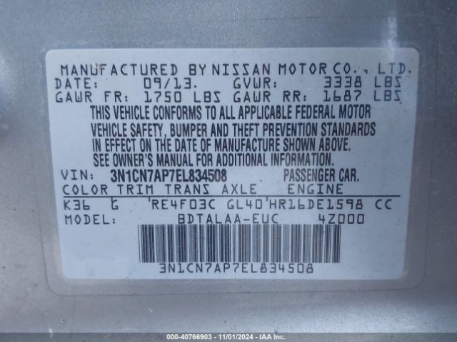 3N1CN7AP7EL834508 Nissan Versa 1.6 S
