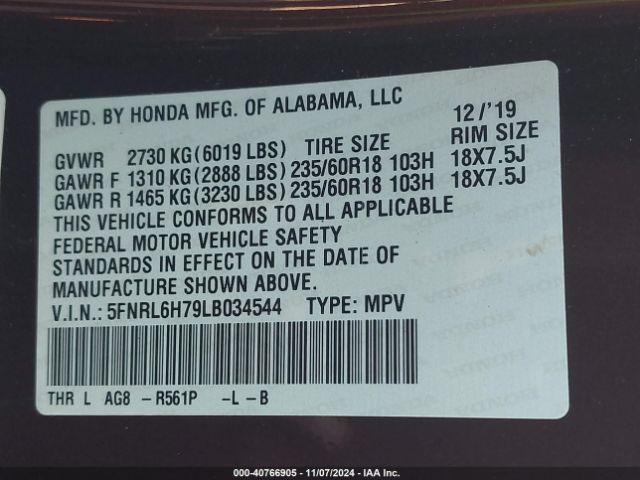 5FNRL6H79LB034544 Honda Odyssey Ex-l/ex-l W/navi   Res