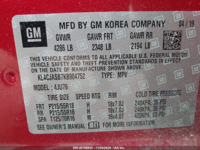 KL4CJASB7KB904752 Buick Encore Fwd Preferred
