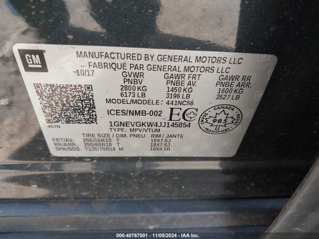 1GNEVGKW4JJ145854 Chevrolet Traverse 1lt