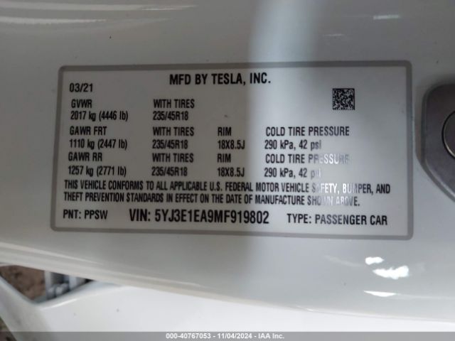5YJ3E1EA9MF919802 Tesla Model 3 Standard Range Plus Rear-wheel Drive