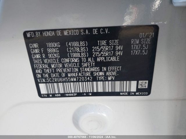 3CZRU6H55MM720342 Honda Hr-v Awd Ex
