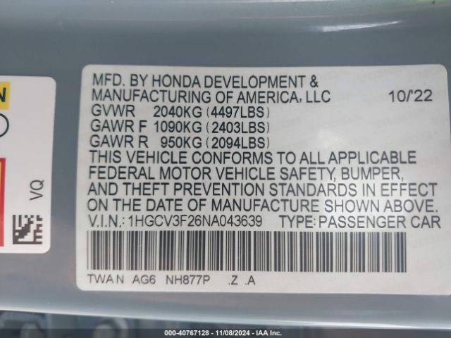 1HGCV3F26NA043639 Honda Accord Hybrid Sport