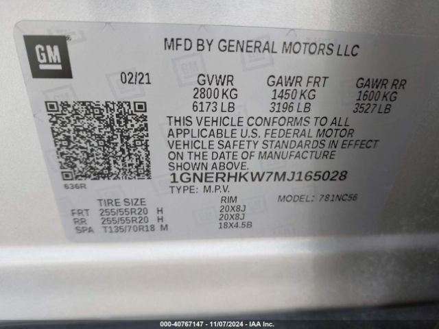 1GNERHKW7MJ165028 Chevrolet Traverse Fwd Lt Leather