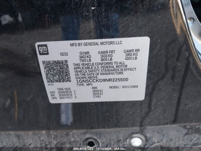 1GNSCCKD9NR225500 Chevrolet Suburban 2wd Lt